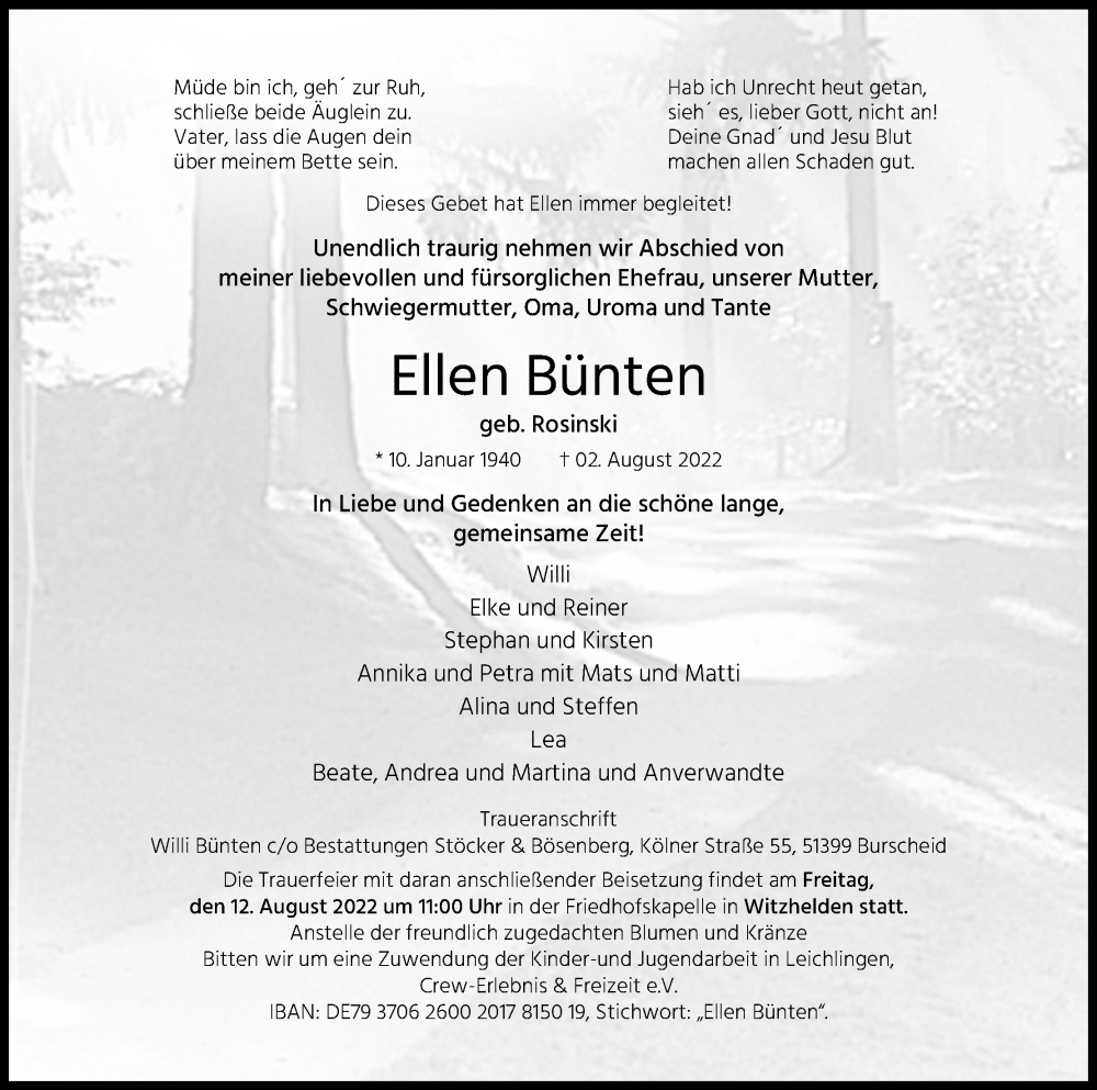  Traueranzeige für Ellen Bünten vom 06.08.2022 aus Kölner Stadt-Anzeiger / Kölnische Rundschau / Express