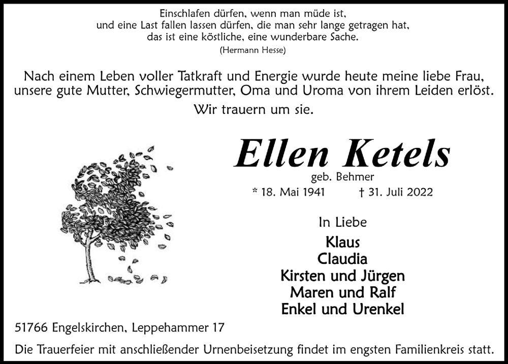  Traueranzeige für Ellen Ketels vom 05.08.2022 aus  Anzeigen Echo 