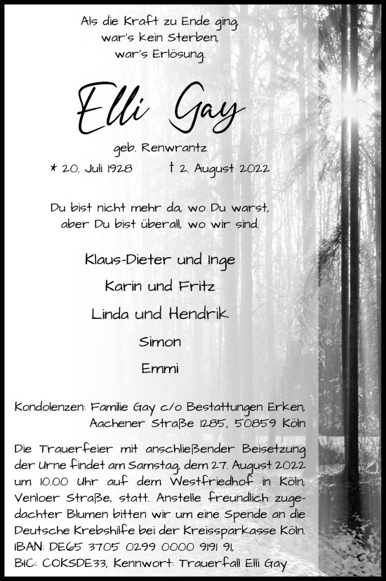 Anzeige von Elli Gay von Kölner Stadt-Anzeiger / Kölnische Rundschau / Express