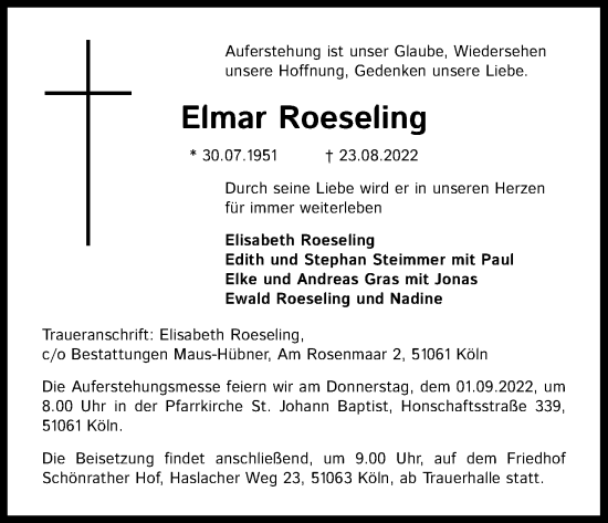 Anzeige von Elmar Roeseling von Kölner Stadt-Anzeiger / Kölnische Rundschau / Express