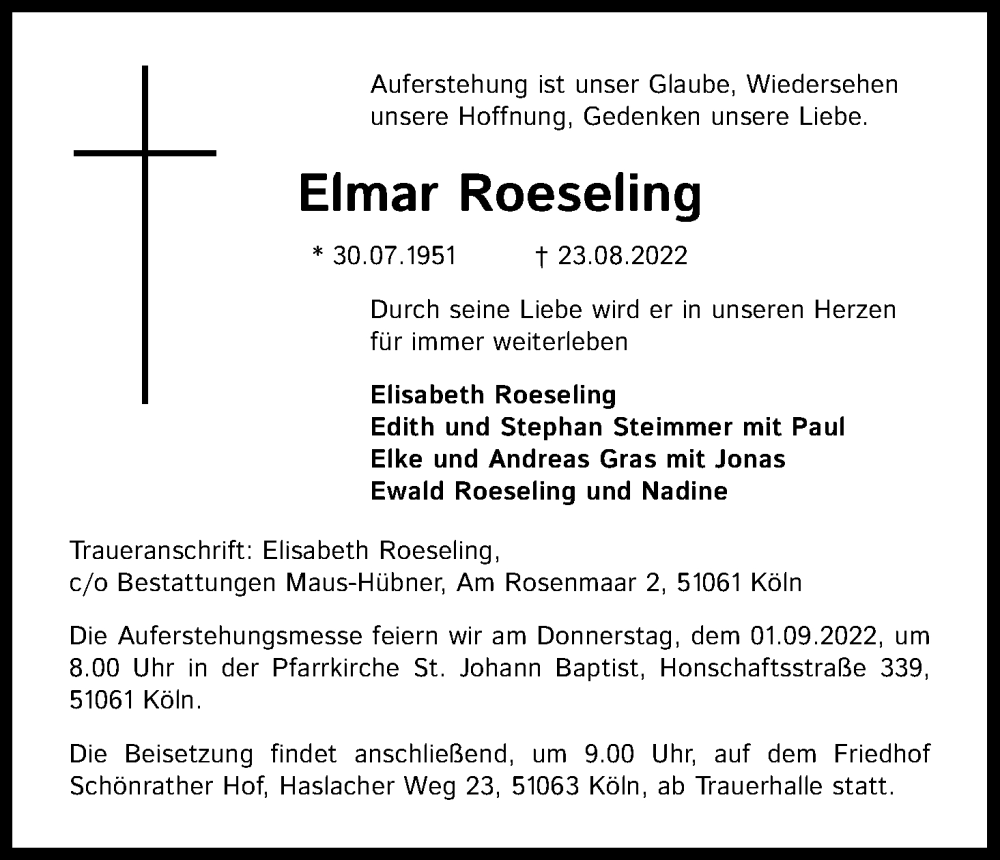  Traueranzeige für Elmar Roeseling vom 27.08.2022 aus Kölner Stadt-Anzeiger / Kölnische Rundschau / Express