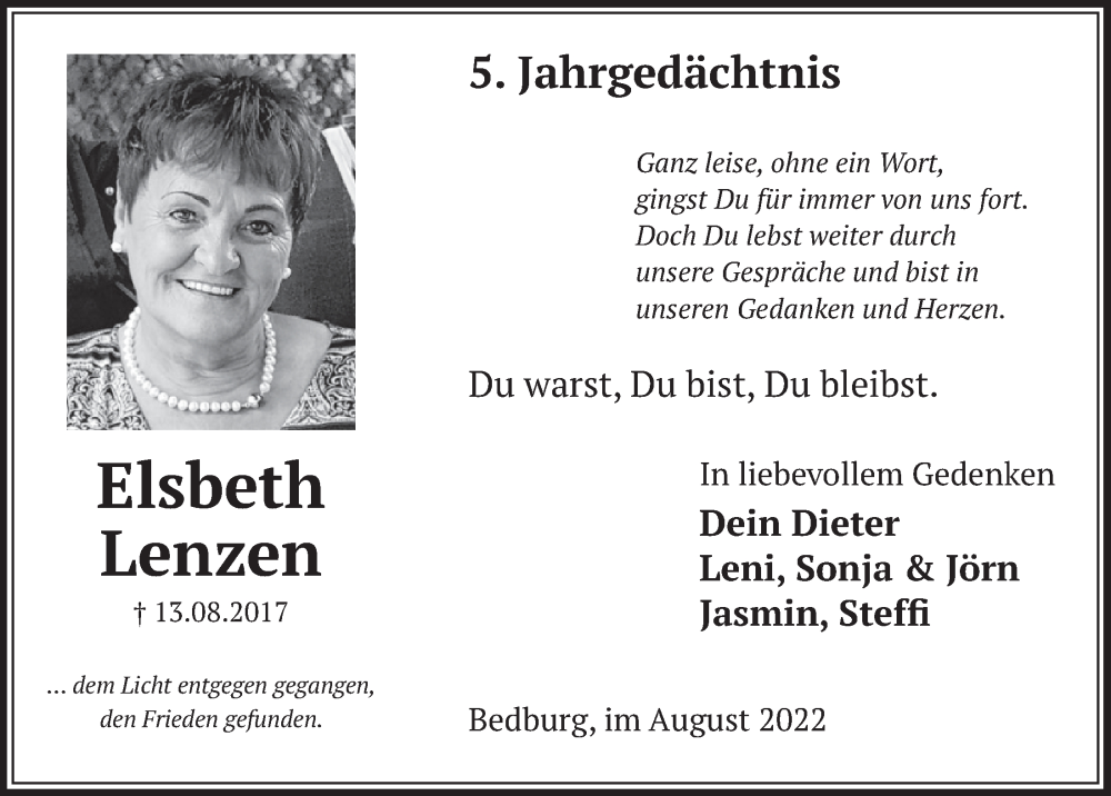  Traueranzeige für Elsbeth Lenzen vom 12.08.2022 aus  Werbepost 