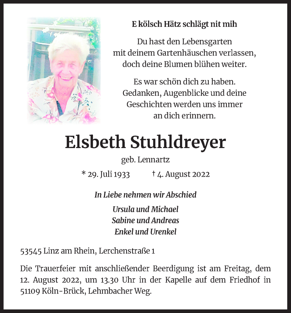  Traueranzeige für Elsbeth Stuhldreyer vom 10.08.2022 aus Kölner Stadt-Anzeiger / Kölnische Rundschau / Express