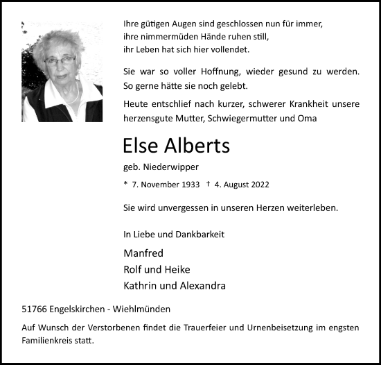 Anzeige von Else Alberts von Kölner Stadt-Anzeiger / Kölnische Rundschau / Express