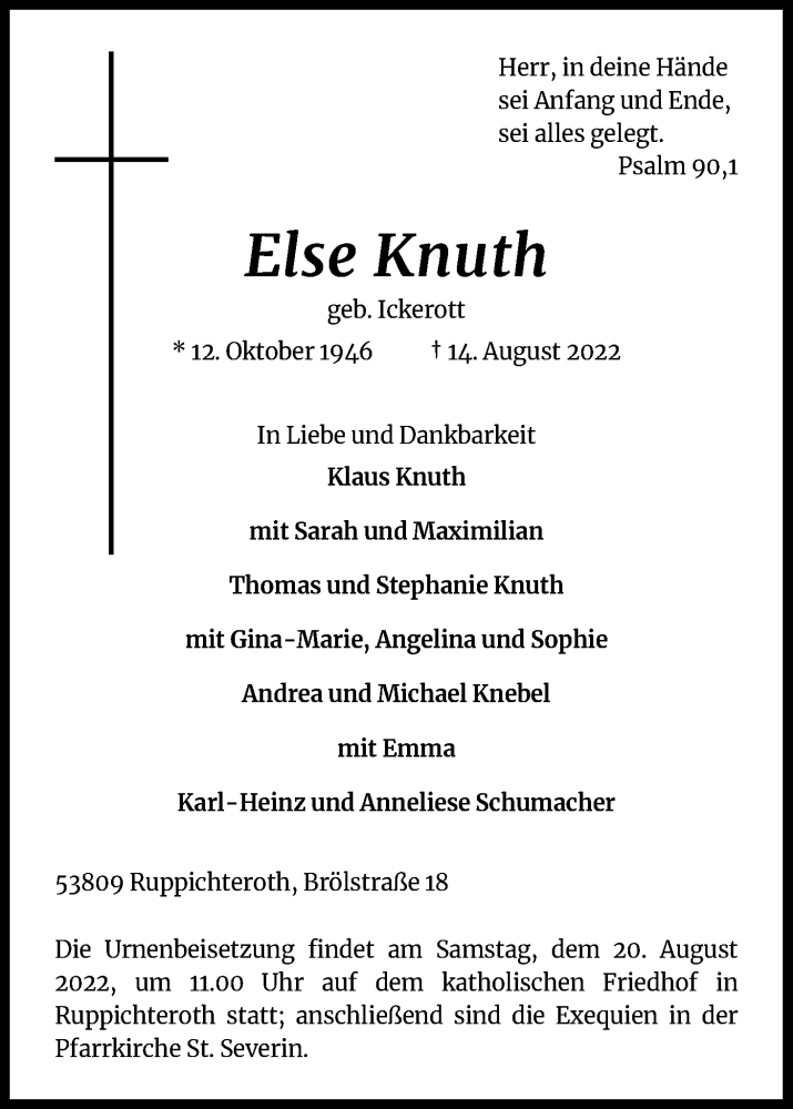  Traueranzeige für Else Knuth vom 17.08.2022 aus Kölner Stadt-Anzeiger / Kölnische Rundschau / Express