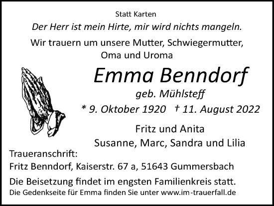 Anzeige von Emma Benndorf von Kölner Stadt-Anzeiger / Kölnische Rundschau / Express