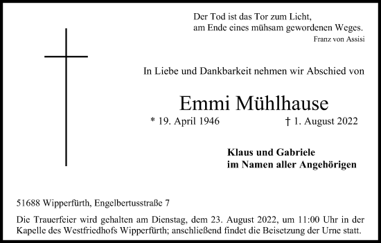 Anzeige von Emmi Mühlhause von Kölner Stadt-Anzeiger / Kölnische Rundschau / Express