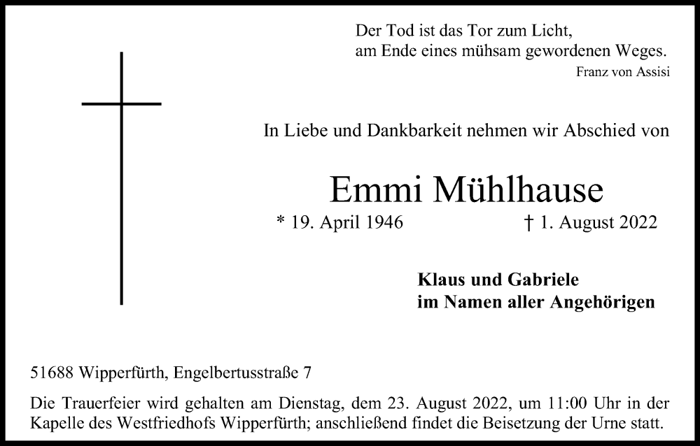  Traueranzeige für Emmi Mühlhause vom 13.08.2022 aus Kölner Stadt-Anzeiger / Kölnische Rundschau / Express