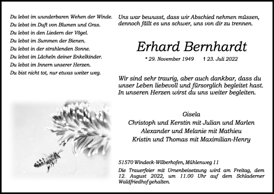 Anzeige von Erhard Bernhardt von Kölner Stadt-Anzeiger / Kölnische Rundschau / Express