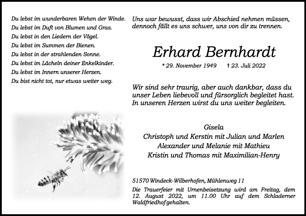  Traueranzeige für Erhard Bernhardt vom 06.08.2022 aus Kölner Stadt-Anzeiger / Kölnische Rundschau / Express