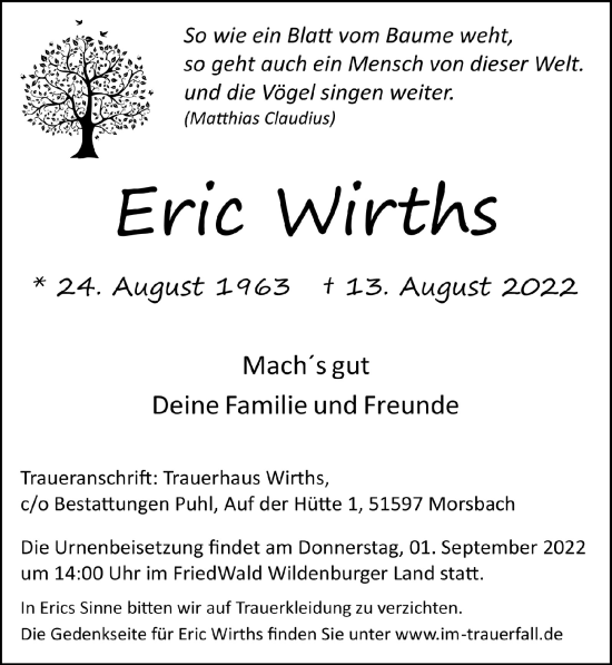 Anzeige von Eric Wirths von  Anzeigen Echo 