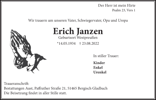 Anzeige von Erich Janzen von  Bergisches Handelsblatt 