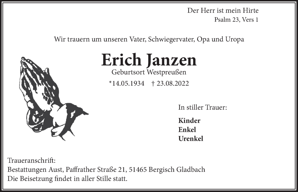  Traueranzeige für Erich Janzen vom 26.08.2022 aus  Bergisches Handelsblatt 