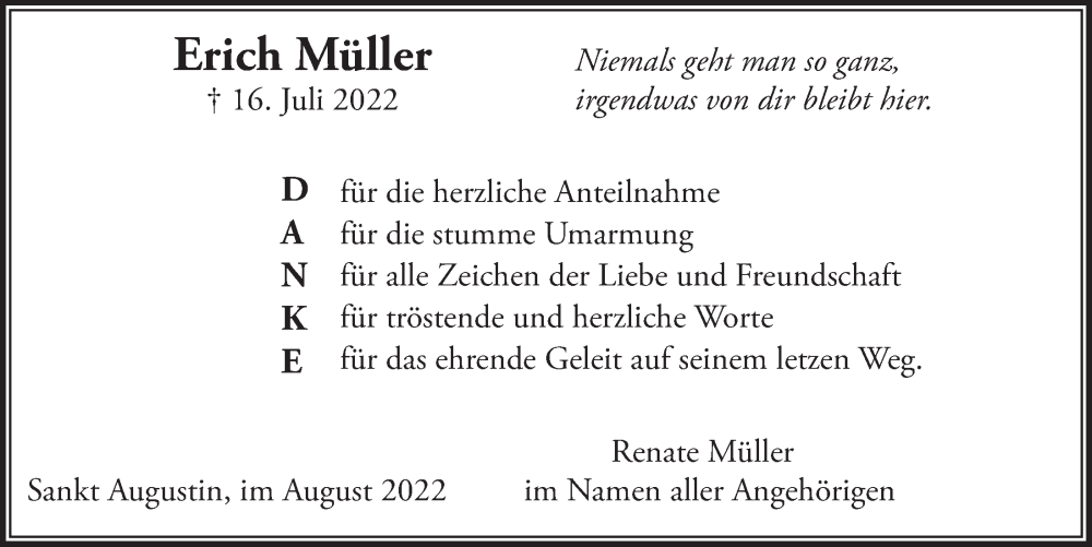  Traueranzeige für Erich Müller vom 19.08.2022 aus  Extra Blatt 