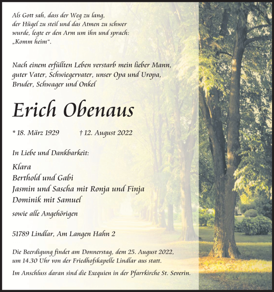 Anzeige von Erich Obenaus von Kölner Stadt-Anzeiger / Kölnische Rundschau / Express