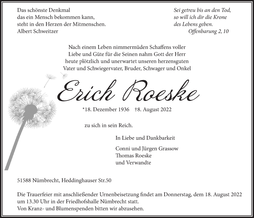  Traueranzeige für Erich Roeske vom 12.08.2022 aus  Lokalanzeiger 