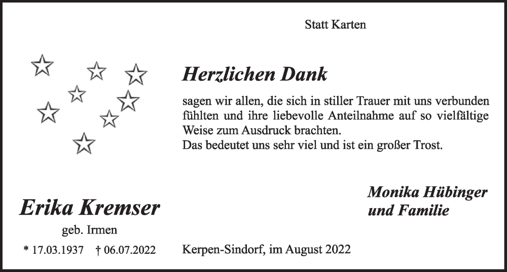  Traueranzeige für Erika Kremser vom 19.08.2022 aus  Werbepost 