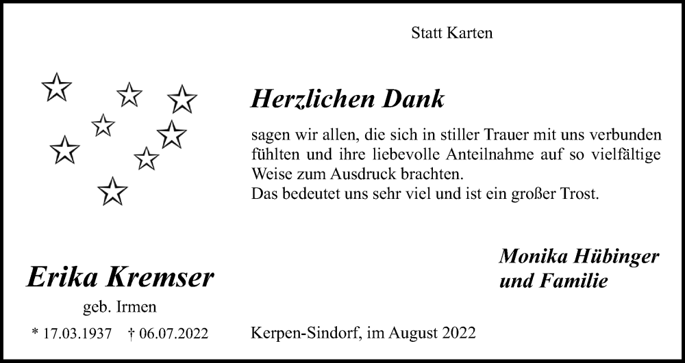  Traueranzeige für Erika Kremser vom 20.08.2022 aus Kölner Stadt-Anzeiger / Kölnische Rundschau / Express