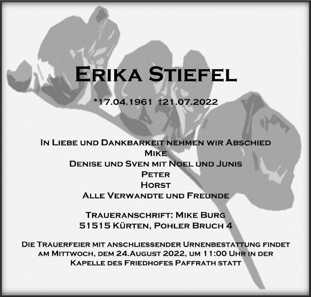  Traueranzeige für Erika Stiefel vom 12.08.2022 aus  Bergisches Handelsblatt 