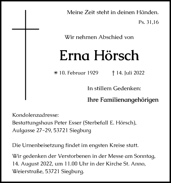 Anzeige von Erna Hörsch von Kölner Stadt-Anzeiger / Kölnische Rundschau / Express