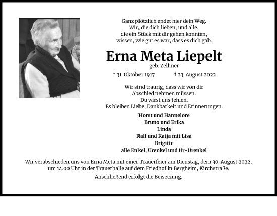 Anzeige von Erna Meta Liepelt von Kölner Stadt-Anzeiger / Kölnische Rundschau / Express