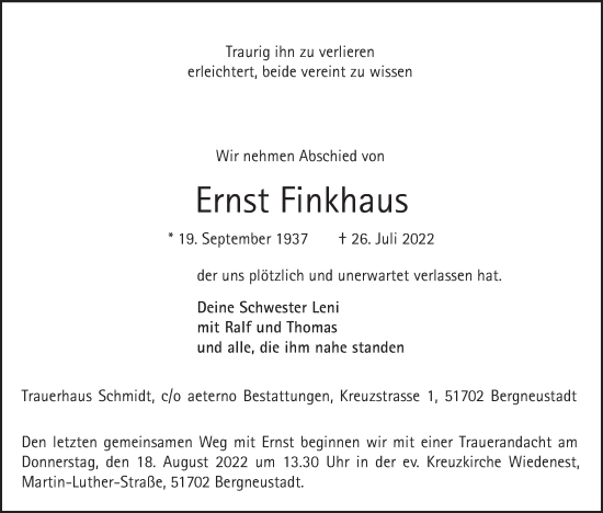 Anzeige von Ernst Finkhaus von Kölner Stadt-Anzeiger / Kölnische Rundschau / Express