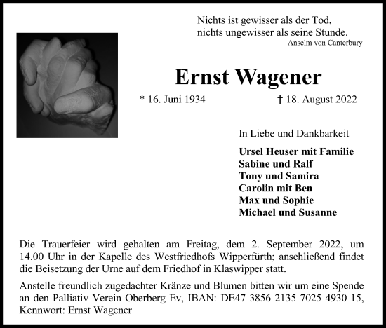 Anzeige von Ernst Wagener von Kölner Stadt-Anzeiger / Kölnische Rundschau / Express