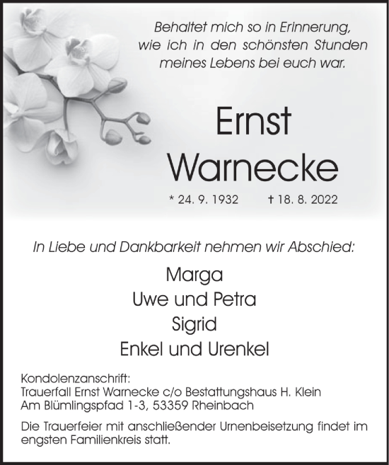 Anzeige von Ernst Warnecke von  Schaufenster/Blickpunkt 