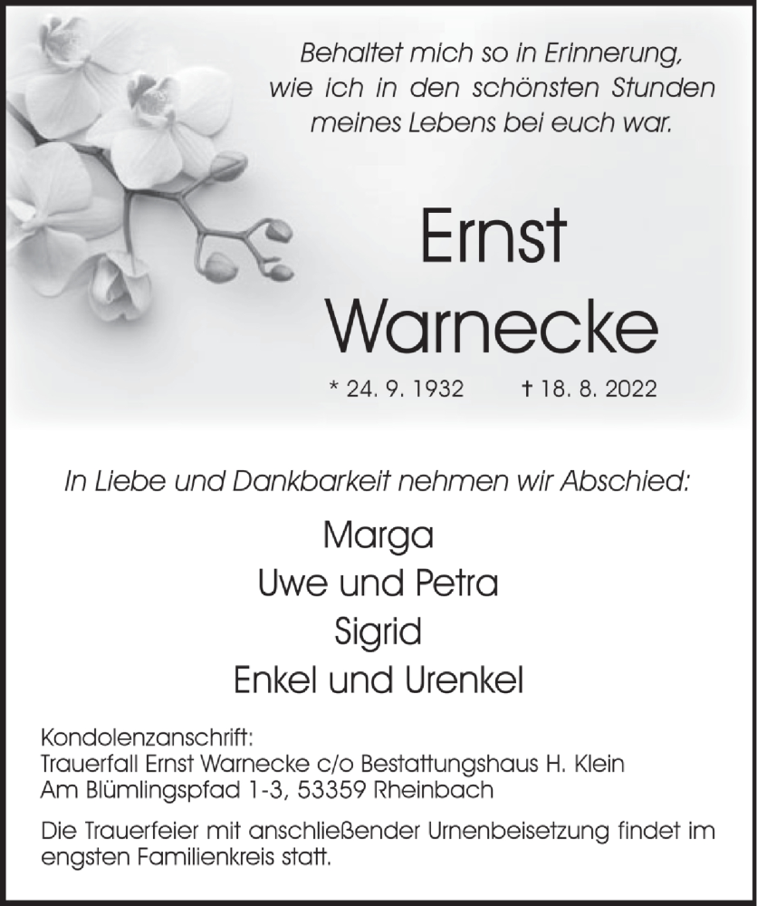  Traueranzeige für Ernst Warnecke vom 26.08.2022 aus  Schaufenster/Blickpunkt 