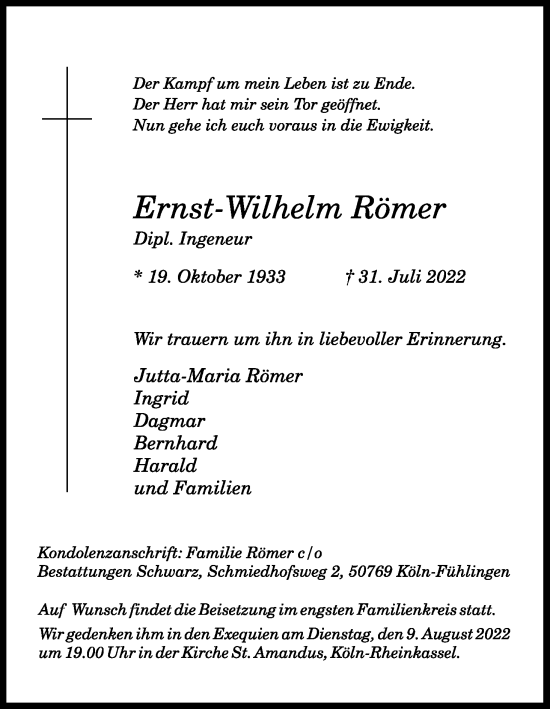 Anzeige von Ernst-Wilhelm Römer von Kölner Stadt-Anzeiger / Kölnische Rundschau / Express