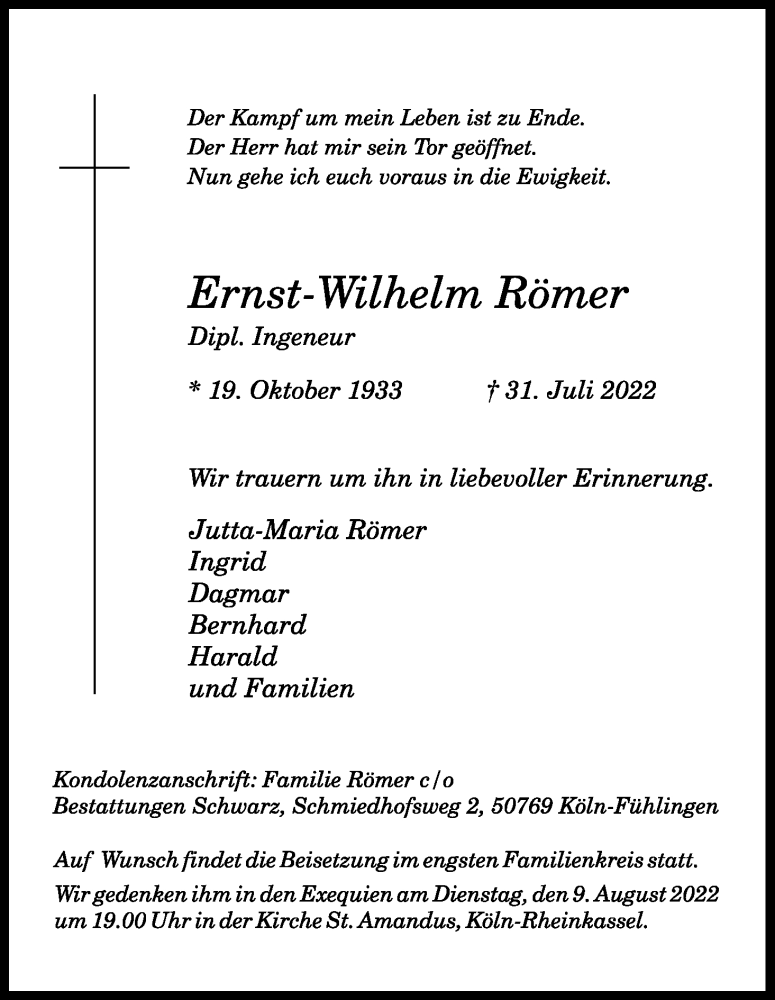  Traueranzeige für Ernst-Wilhelm Römer vom 06.08.2022 aus Kölner Stadt-Anzeiger / Kölnische Rundschau / Express