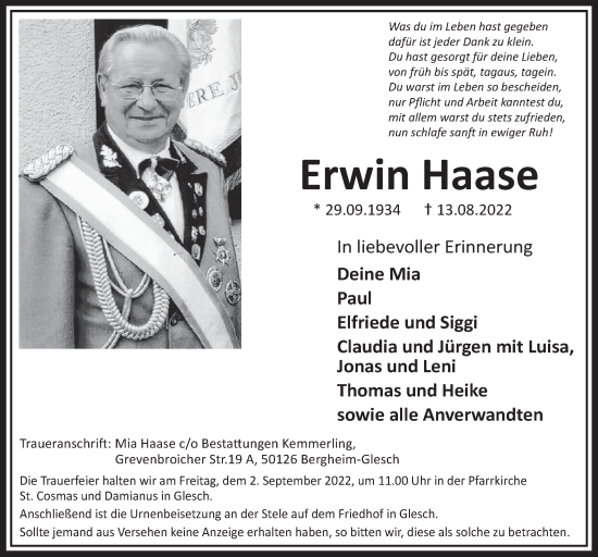 Anzeige von Erwin Haase von  Werbepost 