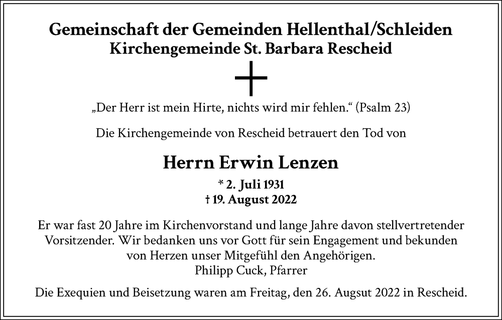  Traueranzeige für Erwin Lenzen vom 29.08.2022 aus Kölner Stadt-Anzeiger / Kölnische Rundschau / Express