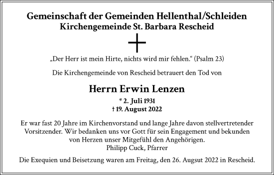 Anzeige von Erwin Lenzen von Kölner Stadt-Anzeiger / Kölnische Rundschau / Express