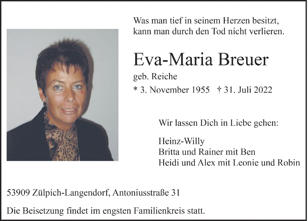 Traueranzeige für Eva-Maria Breuer vom 06.08.2022 aus  Blickpunkt Euskirchen 