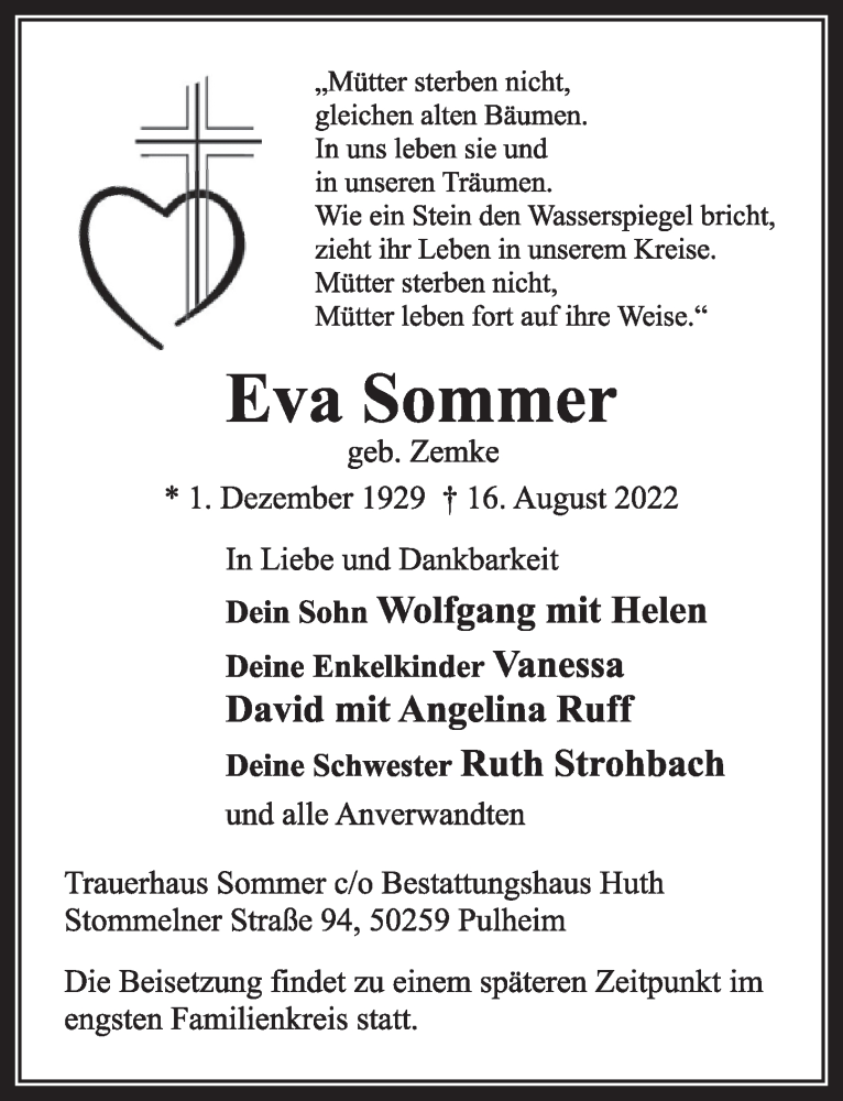  Traueranzeige für Eva Sommer vom 26.08.2022 aus  Wochenende 