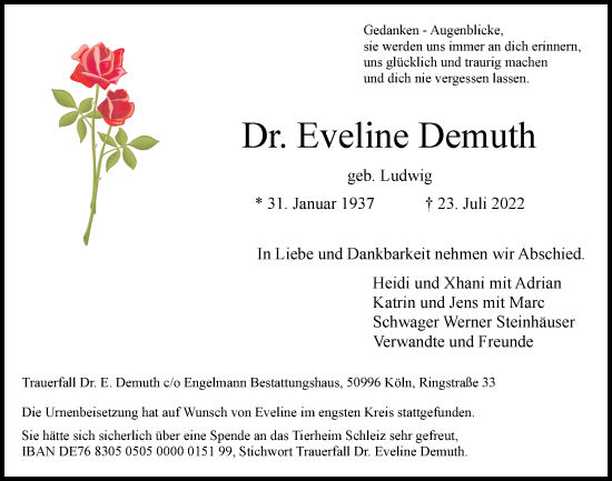 Anzeige von Eveline Demuth von  EXPRESS - Die Woche 
