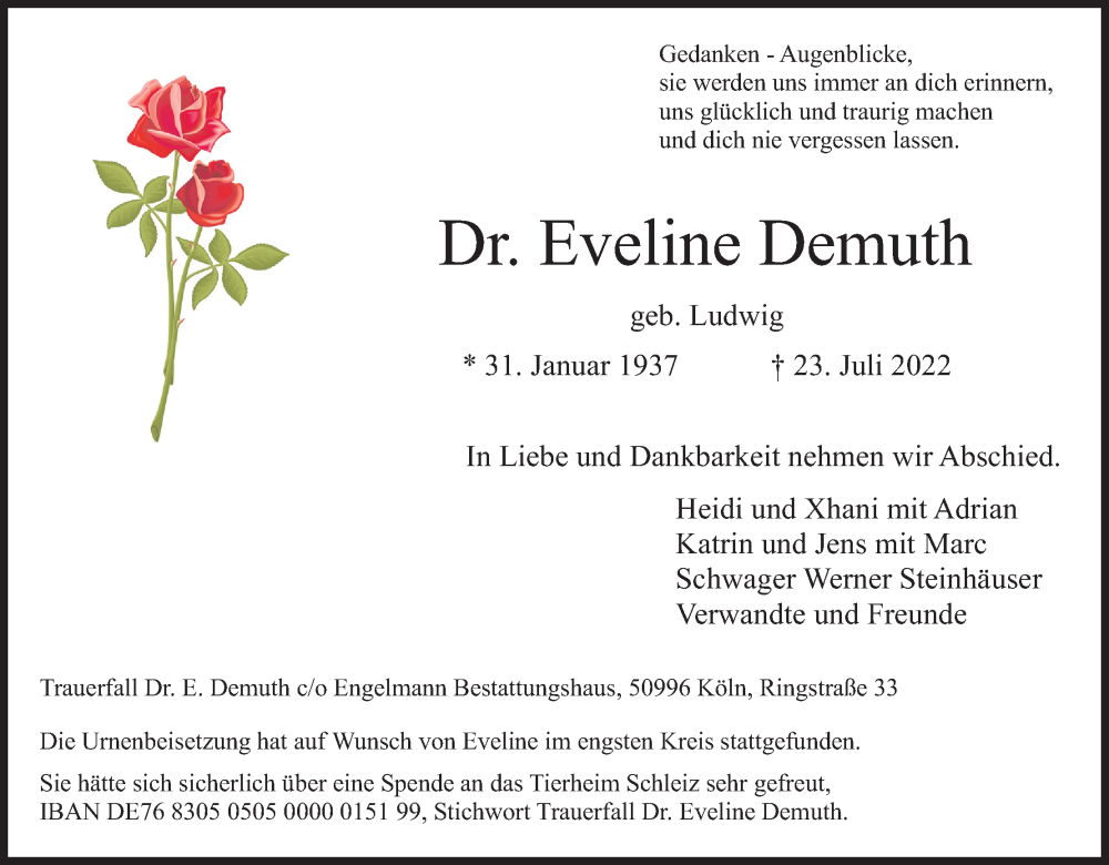  Traueranzeige für Eveline Demuth vom 13.08.2022 aus Kölner Stadt-Anzeiger / Kölnische Rundschau / Express