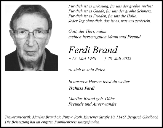 Anzeige von Ferdi Brand von  Bergisches Handelsblatt 