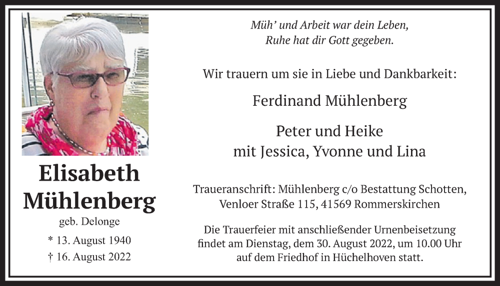  Traueranzeige für Elisabeth Mühlenberg vom 26.08.2022 aus  Werbepost 