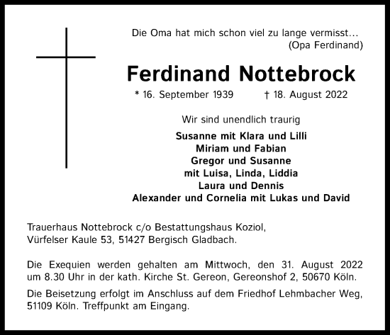 Anzeige von Ferdinand Nottebrock von Kölner Stadt-Anzeiger / Kölnische Rundschau / Express