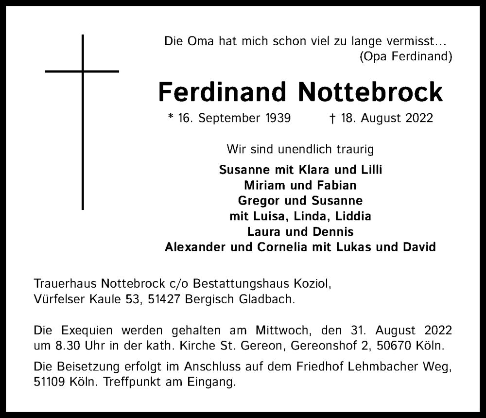  Traueranzeige für Ferdinand Nottebrock vom 27.08.2022 aus Kölner Stadt-Anzeiger / Kölnische Rundschau / Express