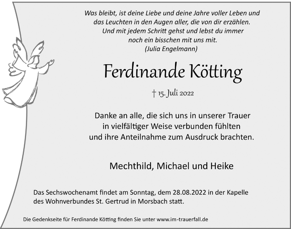  Traueranzeige für Ferdinande Kötting vom 19.08.2022 aus  Lokalanzeiger 
