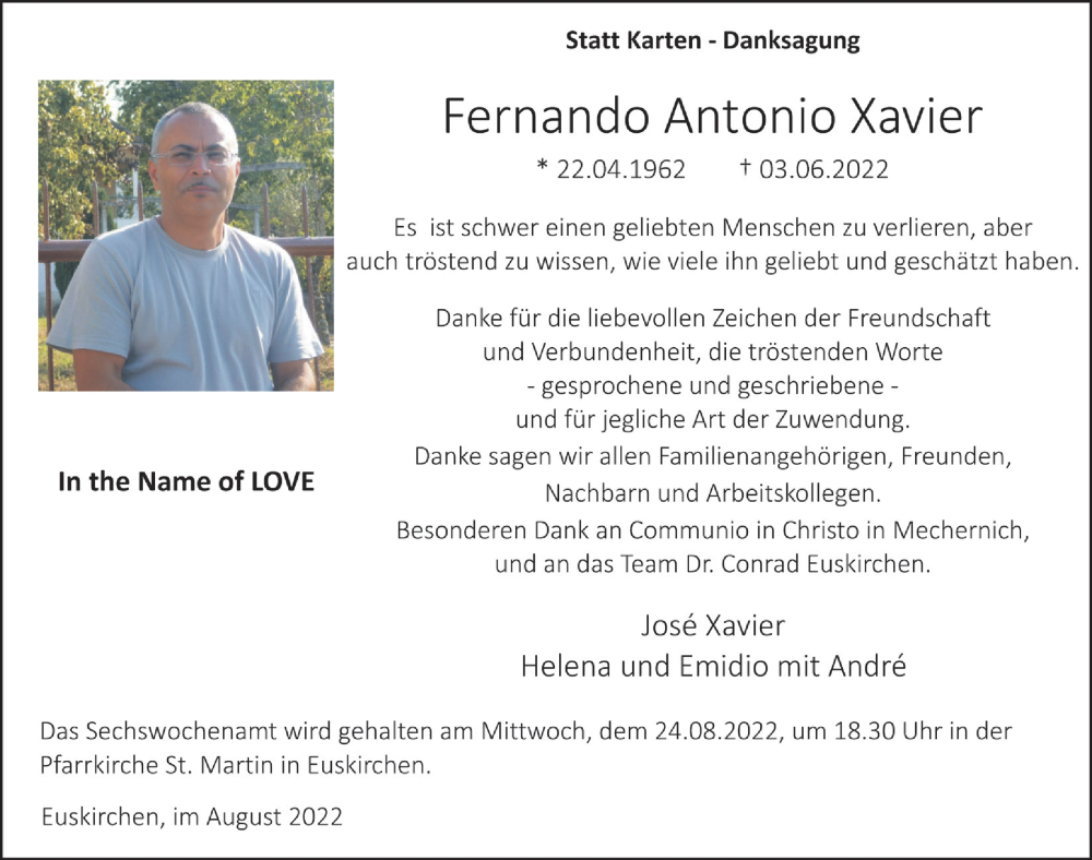  Traueranzeige für Fernando Antonio Xavier vom 13.08.2022 aus  Blickpunkt Euskirchen 