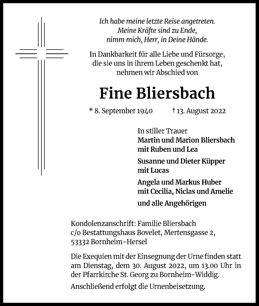  Traueranzeige für Fine Bliersbach vom 20.08.2022 aus Kölner Stadt-Anzeiger / Kölnische Rundschau / Express