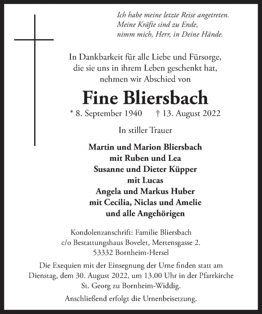  Traueranzeige für Fine Bliersbach vom 26.08.2022 aus  Schaufenster/Blickpunkt  Schlossbote/Werbekurier 