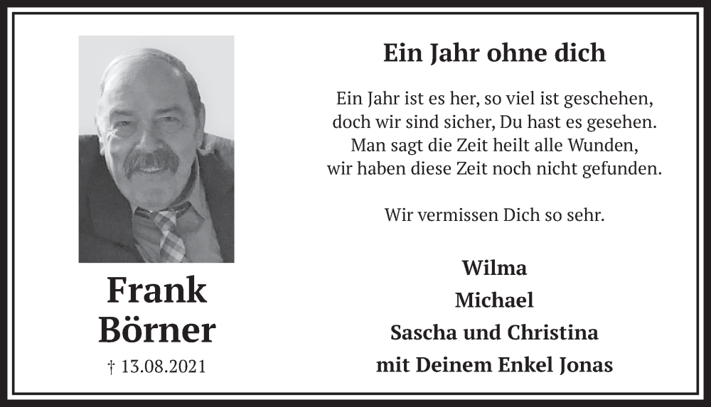  Traueranzeige für Frank Börner vom 12.08.2022 aus  Werbepost 