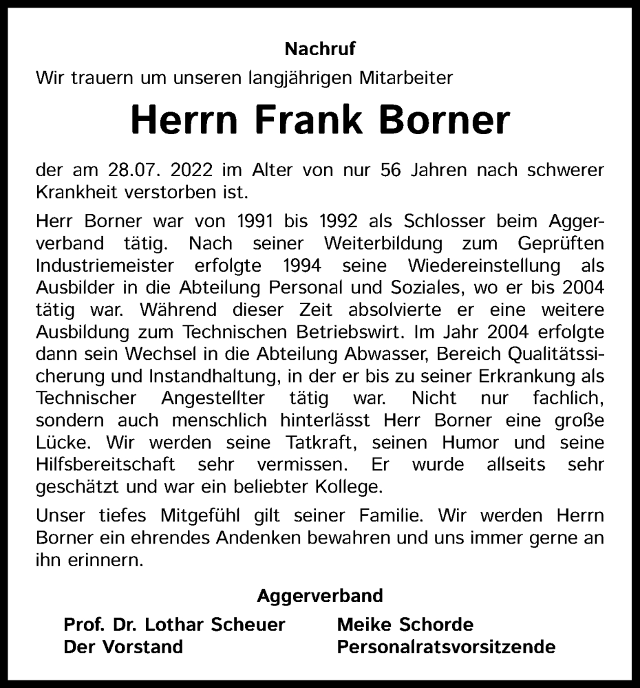  Traueranzeige für Frank Borner vom 10.08.2022 aus Kölner Stadt-Anzeiger / Kölnische Rundschau / Express
