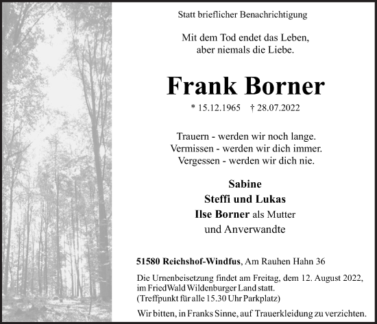 Anzeige von Frank Borner von  Anzeigen Echo 