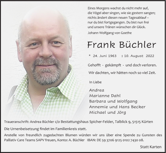 Anzeige von Frank Büchler von Kölner Stadt-Anzeiger / Kölnische Rundschau / Express